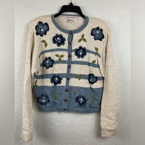 Lauren Hansen Beige Blue Floral Button Down Sweater Cardigan Size Large